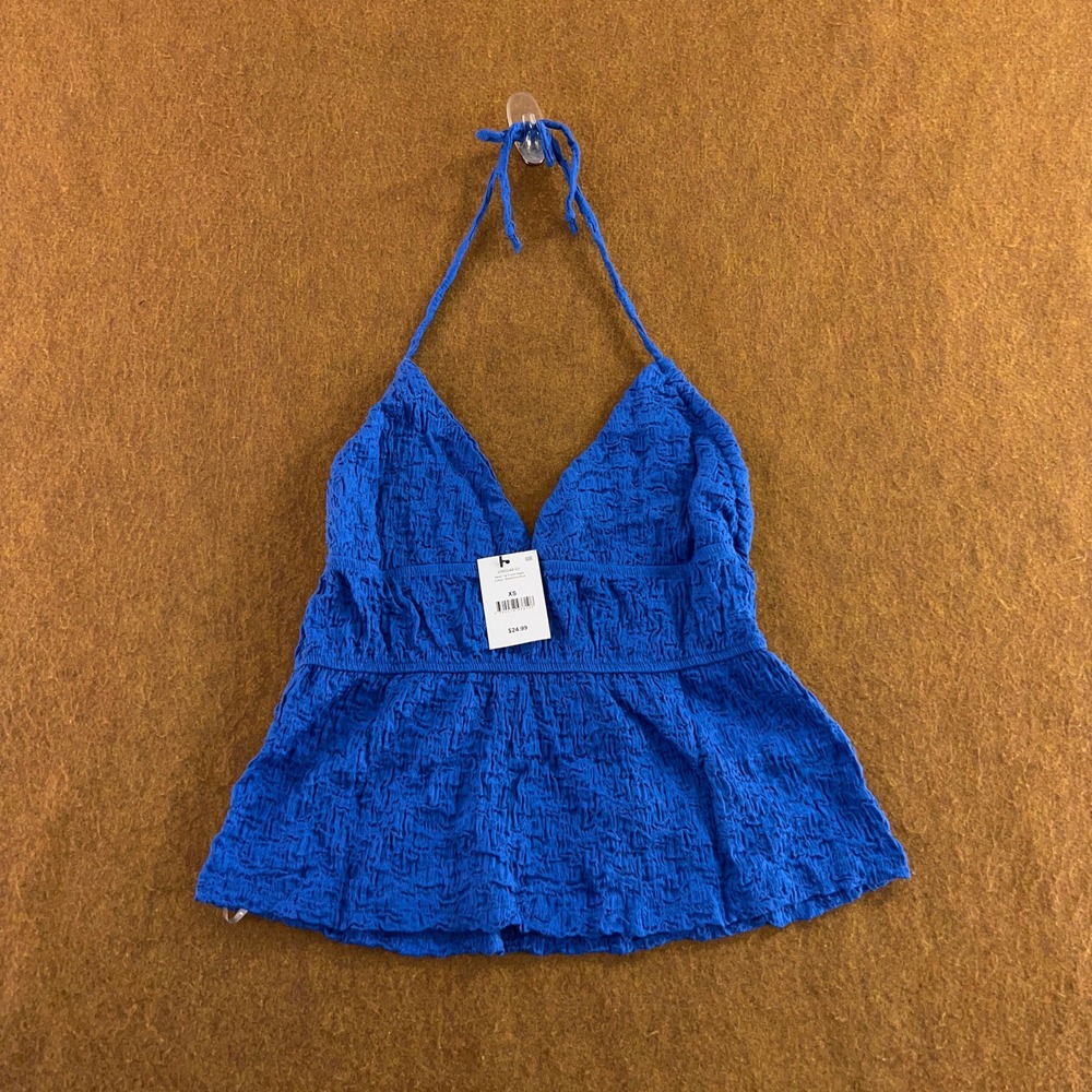 Cotton On Women XS Blue Heidi Tie Front Halter Textured Peplum Top NWT